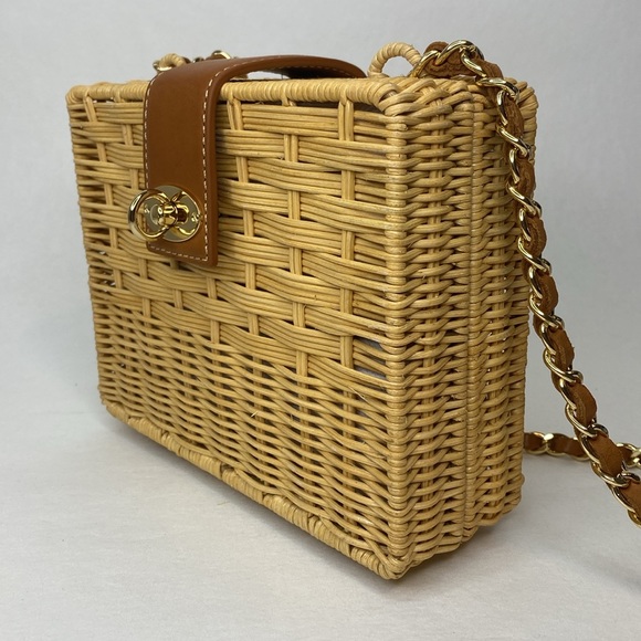 J. McLaughlin Wicker Straw & Leather Rectangle Box Handbag, Gold Hardware, NWOT - Picture 2 of 16